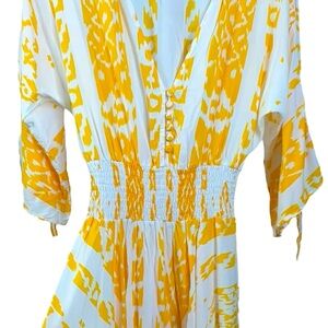 Indah Revolve Yellow & White Print V-neck Long Sleeve Smocked Mini Dress Sz S